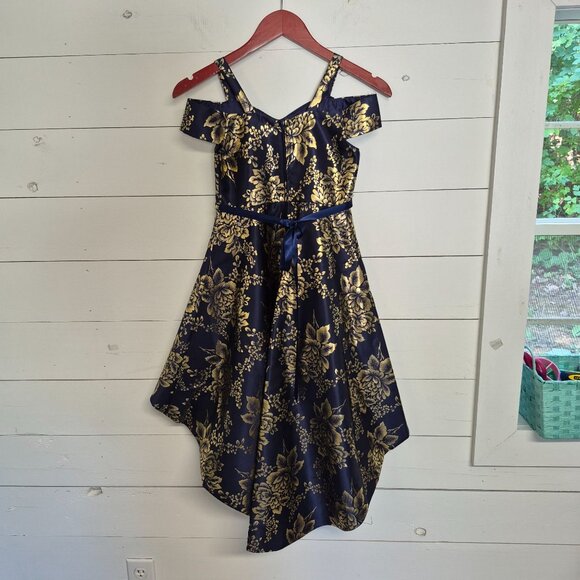 Navy & Gold Floral High-Low Dress With Beaded Waist & Cold Shoulder Straps - Picture 5 of 8